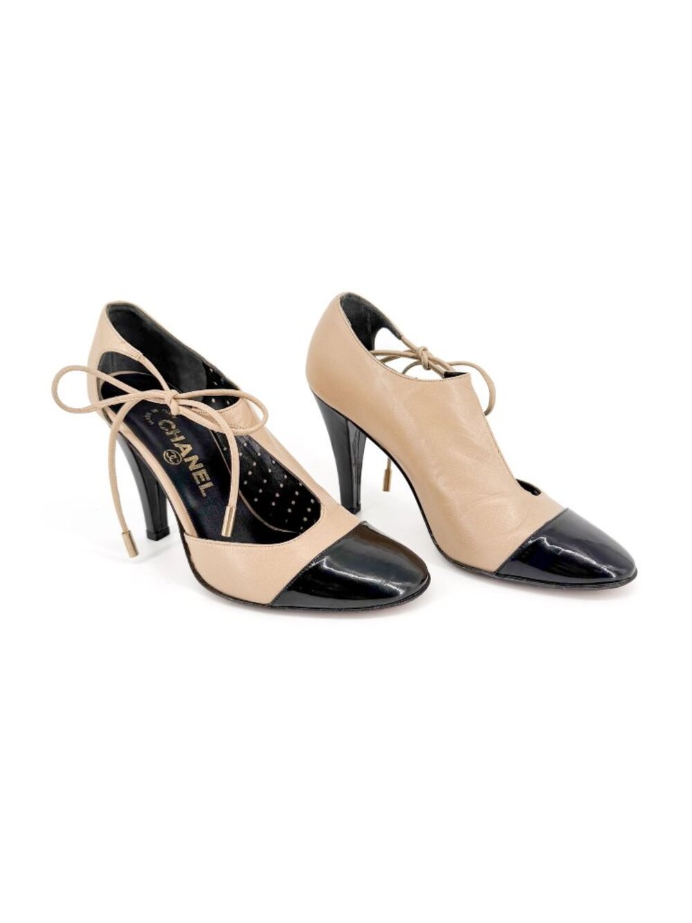 Chanel CC Two Tone Cutout Bootie Pumps Heels Beige Black Size 36.5 US 5.5-6
